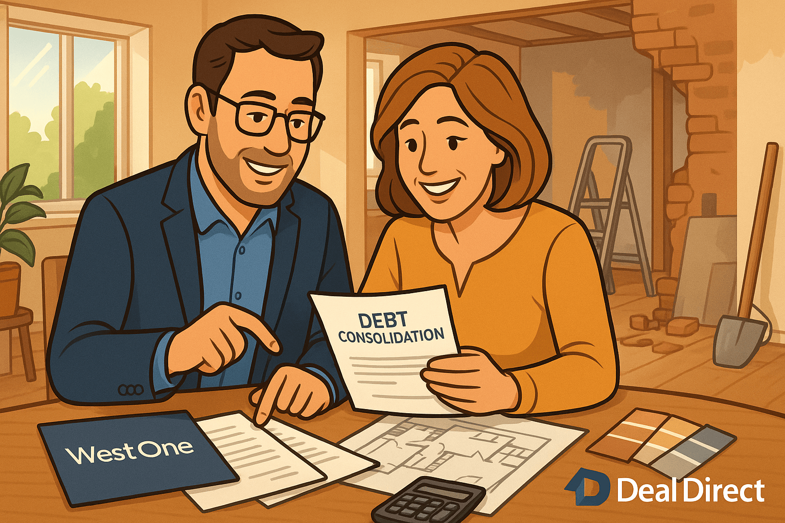 Cartoon illustration of a professional couple in their 40s reviewing debt consolidation documents in a partially renovated modern home, with West One and Deal Direct branding visible