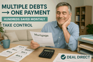 Middle-aged homeowner smiling with relief at desk as multiple bills are simplified into one mortgage payment, with Deal Direct branding and calculator showing monthly savings.