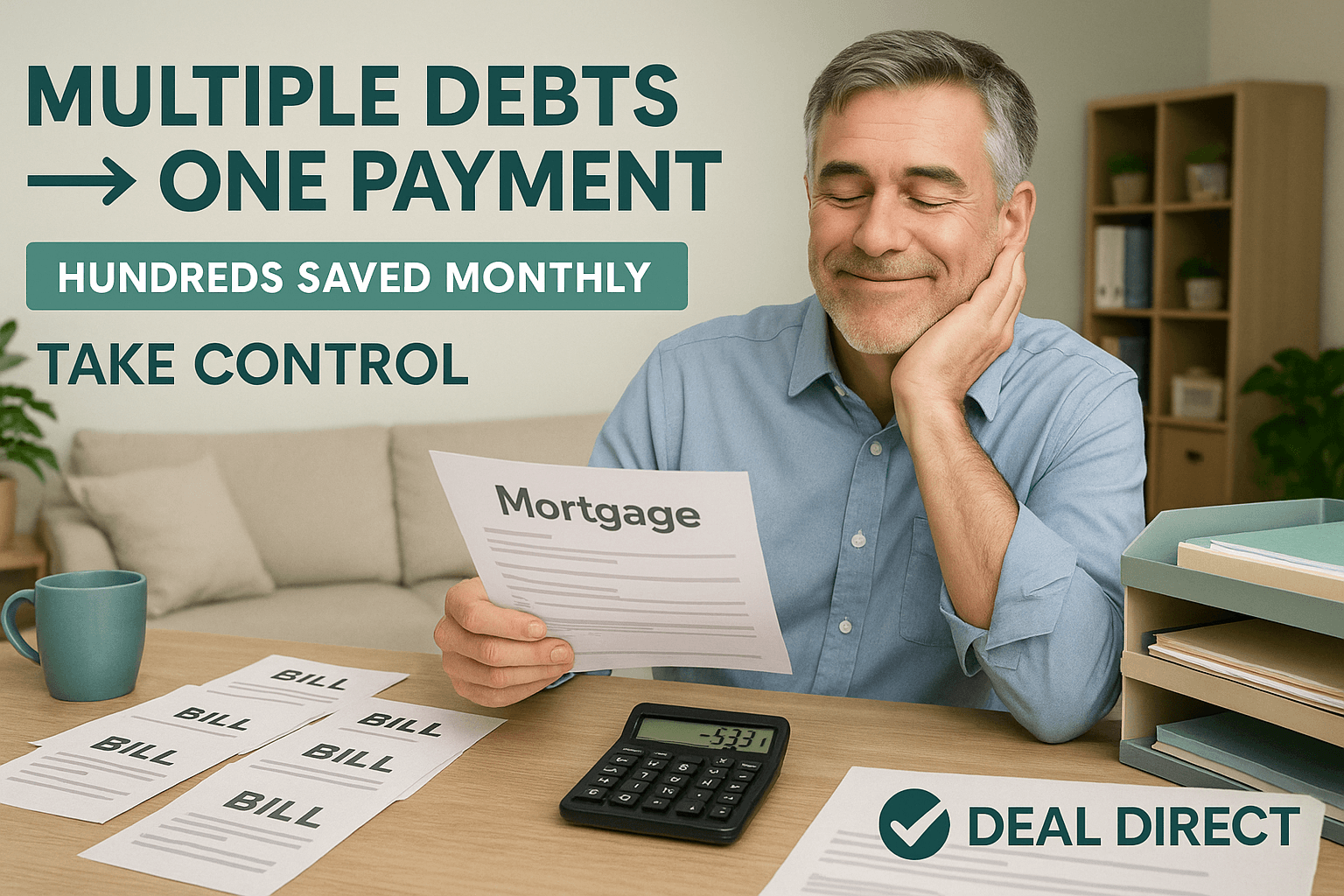 Middle-aged homeowner smiling with relief at desk as multiple bills are simplified into one mortgage payment, with Deal Direct branding and calculator showing monthly savings.