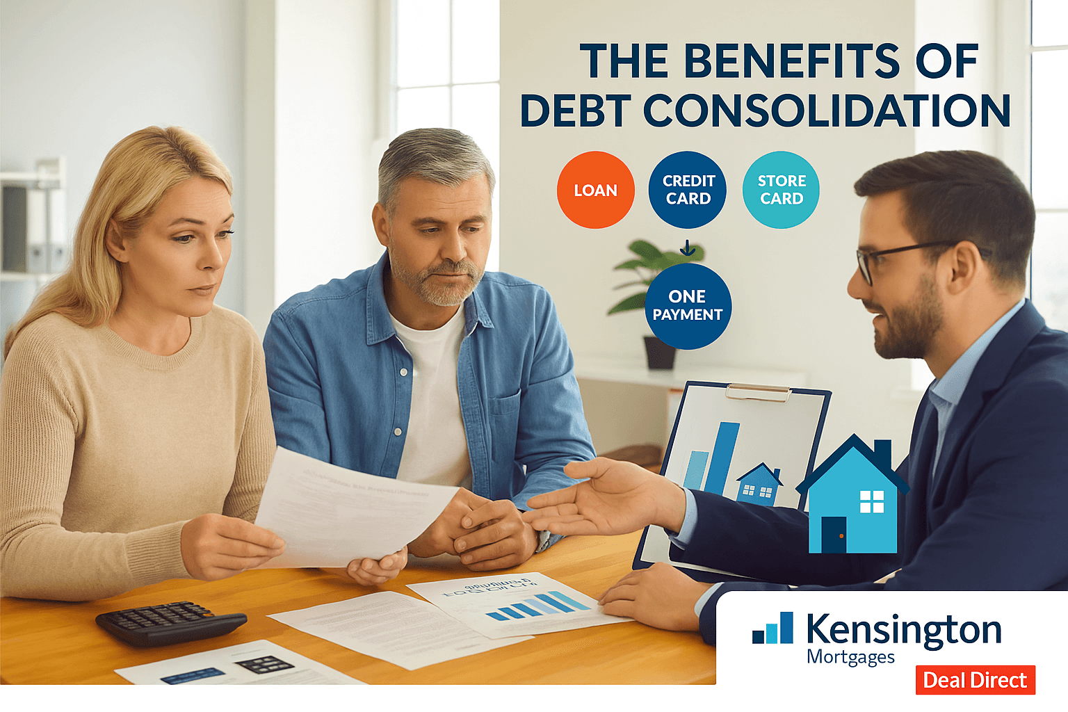 A professional couple in their 40s reviewing financial documents with a mortgage advisor, discussing the benefits of debt consolidation into one affordable monthly payment with Kensington Mortgages and Deal Direct branding