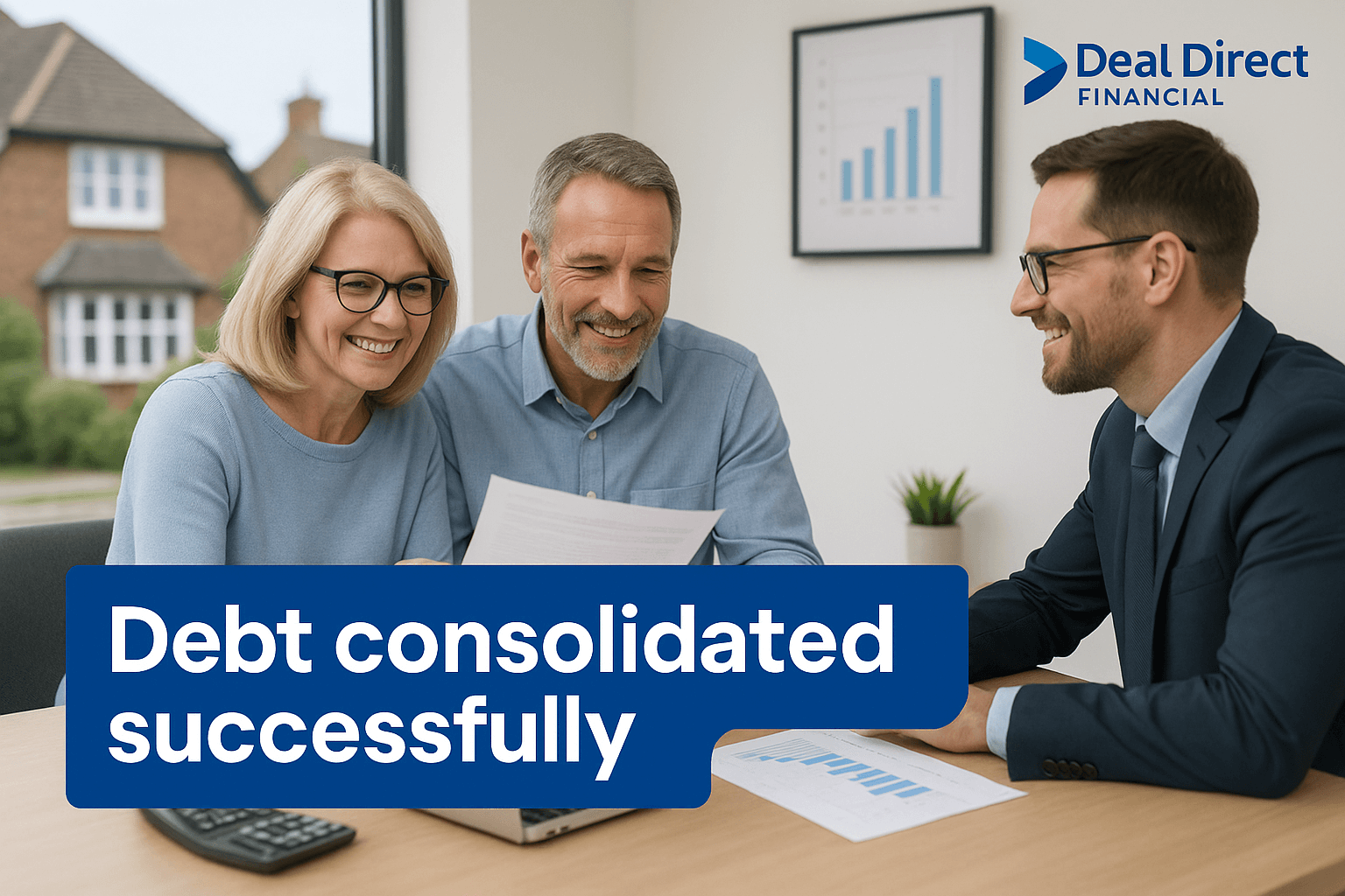 Professional couple meeting with mortgage advisor to review debt consolidation plan, smiling with documents on desk showing £29k saved, Deal Direct Financial branding visible in modern UK office.