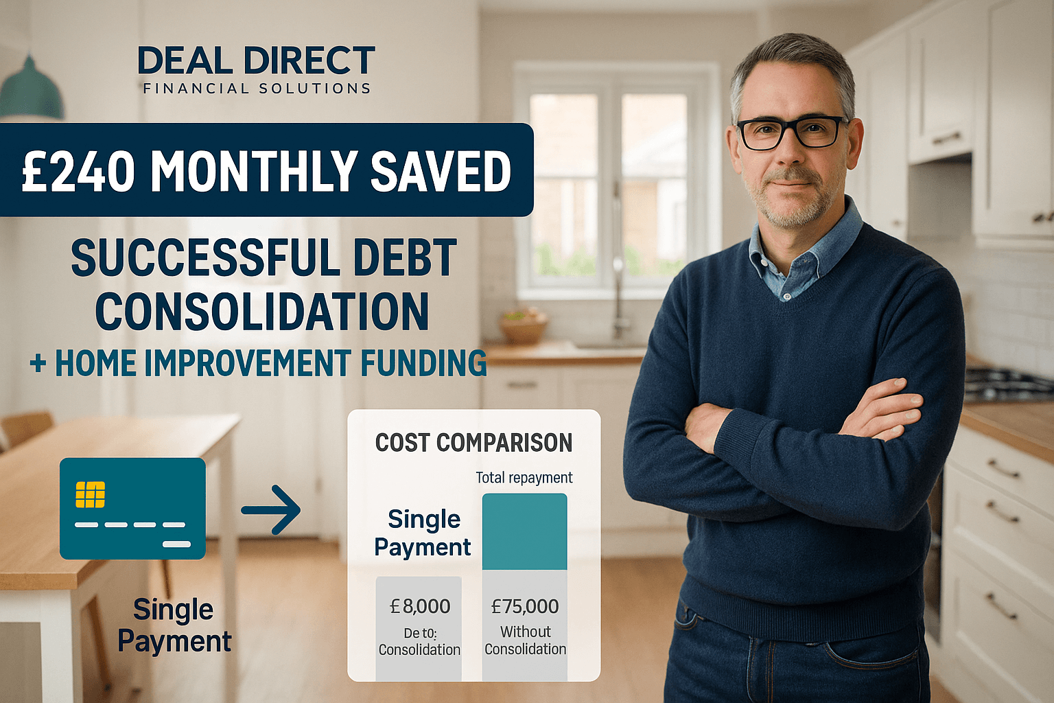 Middle-aged UK homeowner standing in a renovated kitchen with Deal Direct Financial Solutions debt consolidation case study graphic showing £240 monthly savings, single payment benefit, and cost comparison chart.