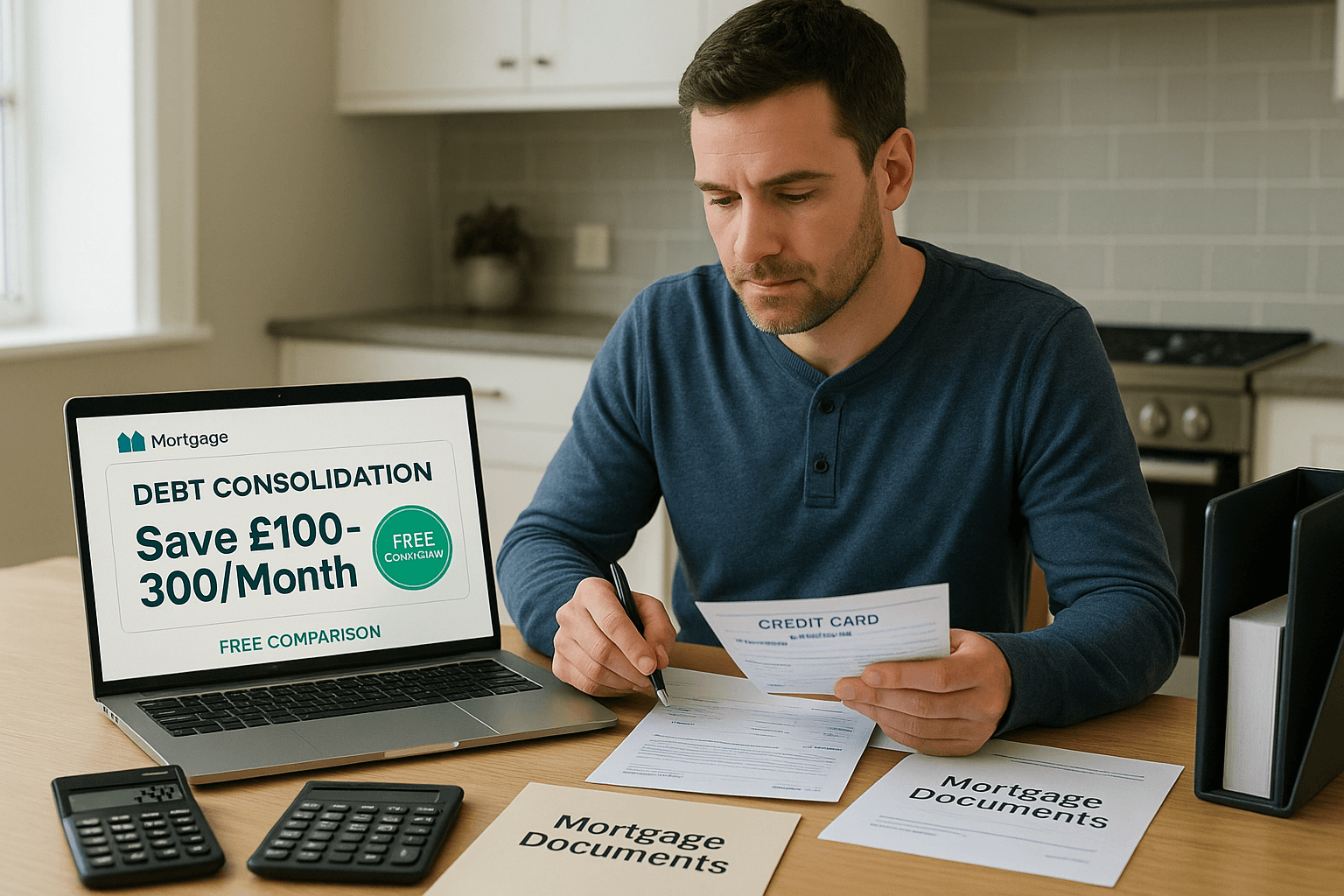 Professional homeowner reviewing credit card statements and mortgage documents at a kitchen table with a laptop showing debt consolidation savings and free comparison.