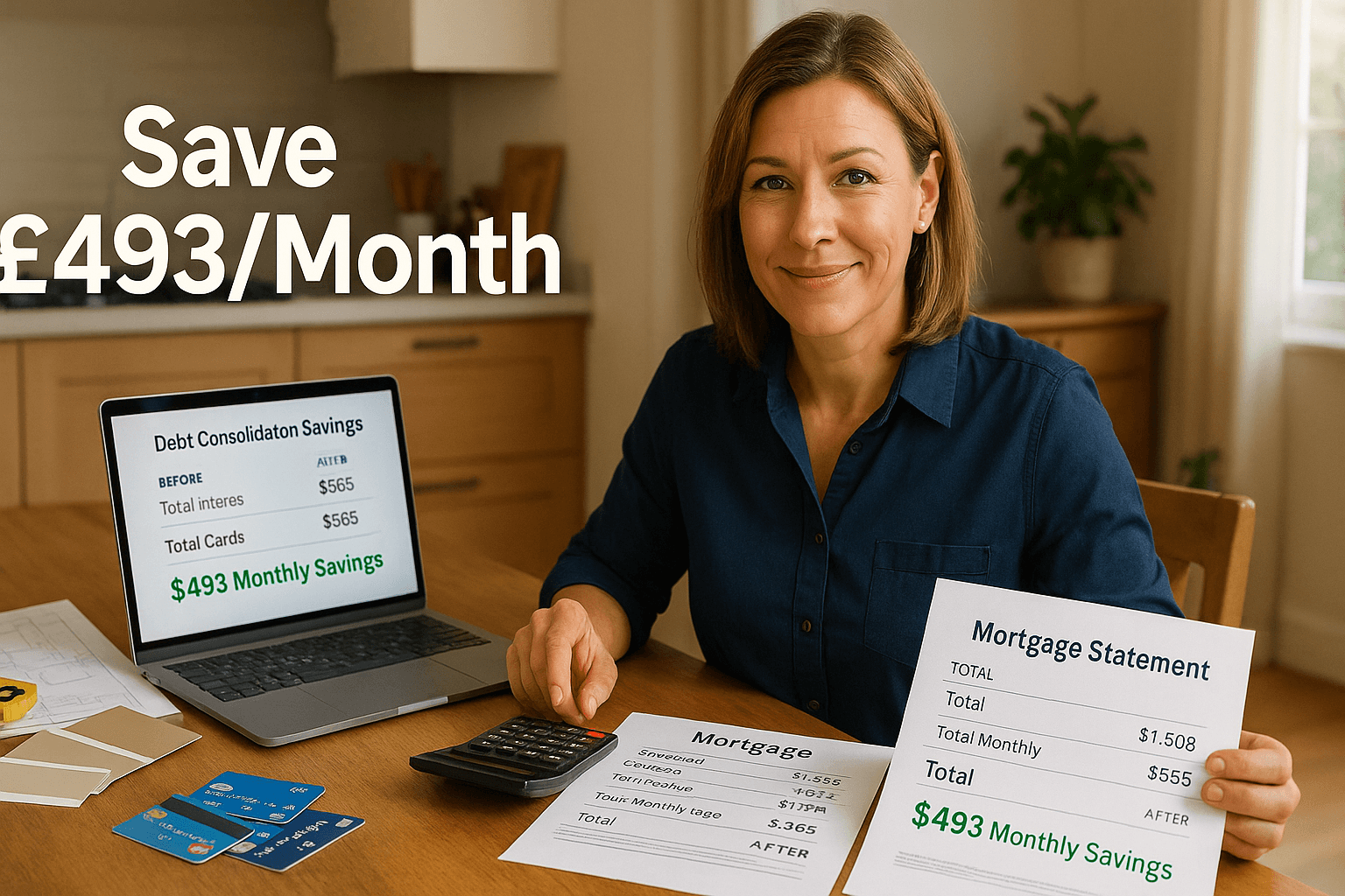 Middle-aged professional woman reviewing mortgage documents at home, showing £15,990 debt cleared and £493 monthly savings through debt consolidation