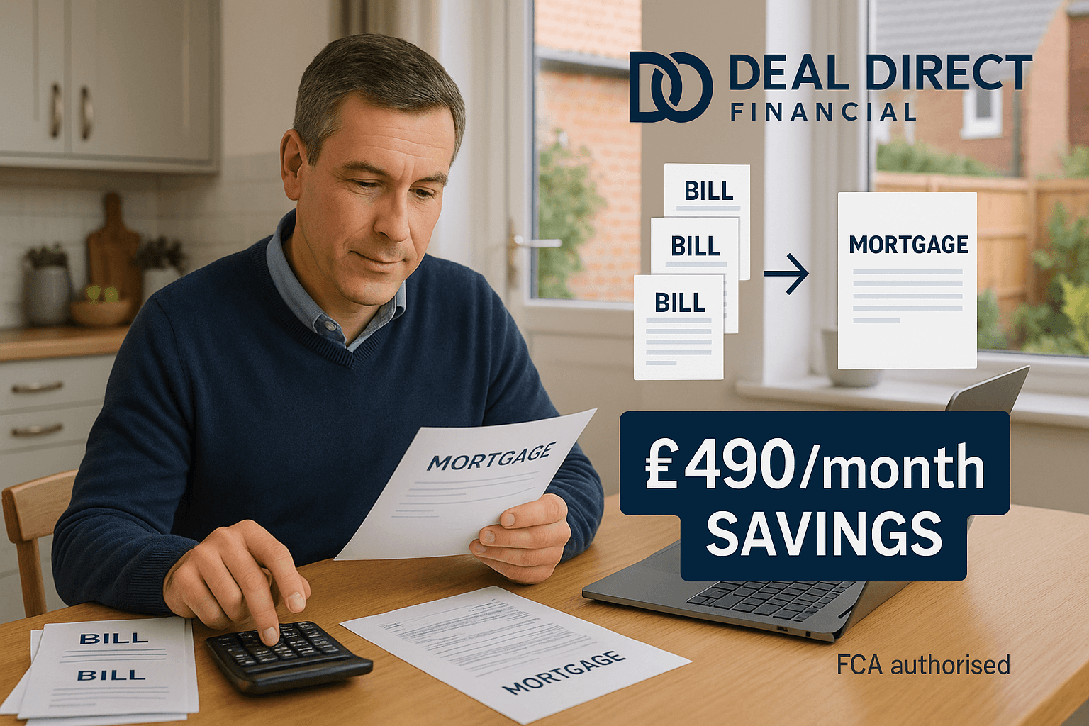 A professional homeowner in his 40s reviews mortgage documents with a calculator at his kitchen table, illustrating debt consolidation savings of £490 per month with Deal Direct Financial, an FCA-authorised mortgage broker.
