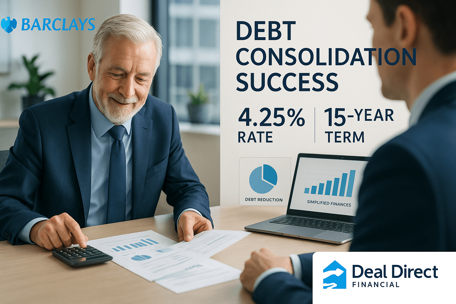 Older professional man reviewing financial documents with mortgage advisor in modern office, showing debt consolidation success with charts, 4.25% rate, 15-year term, and Deal Direct Financial and Barclays branding.