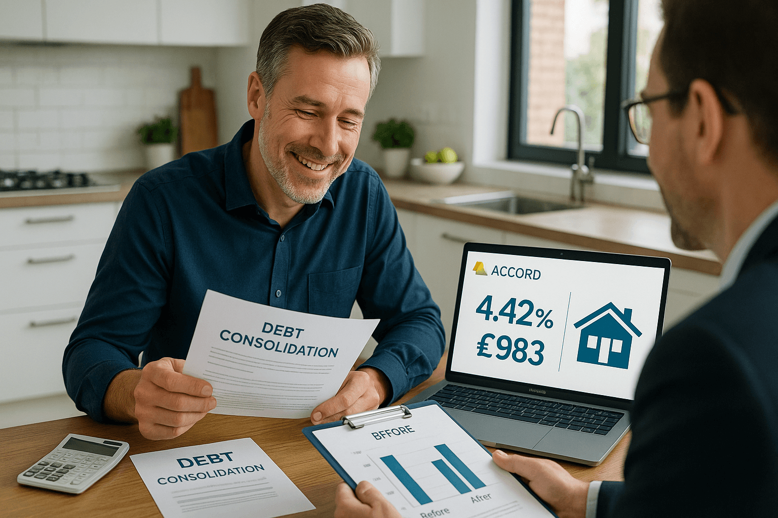 Middle-aged professional homeowner reviewing debt consolidation documents with a mortgage advisor at home, showing 4.42% rate, £983 monthly payment, and before-and-after debt comparison charts