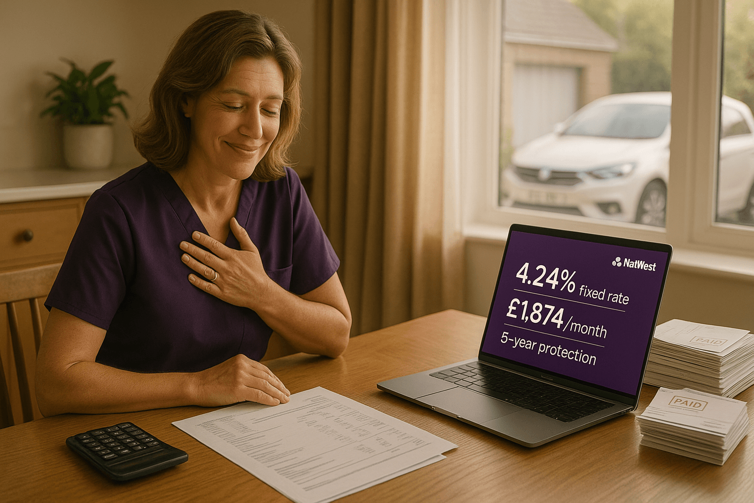 Professional woman in purple scrubs reviewing mortgage documents at home, feeling relieved after consolidating debt with NatWest 4.24% fixed rate, £1,874 monthly repayment, and 5-year protection