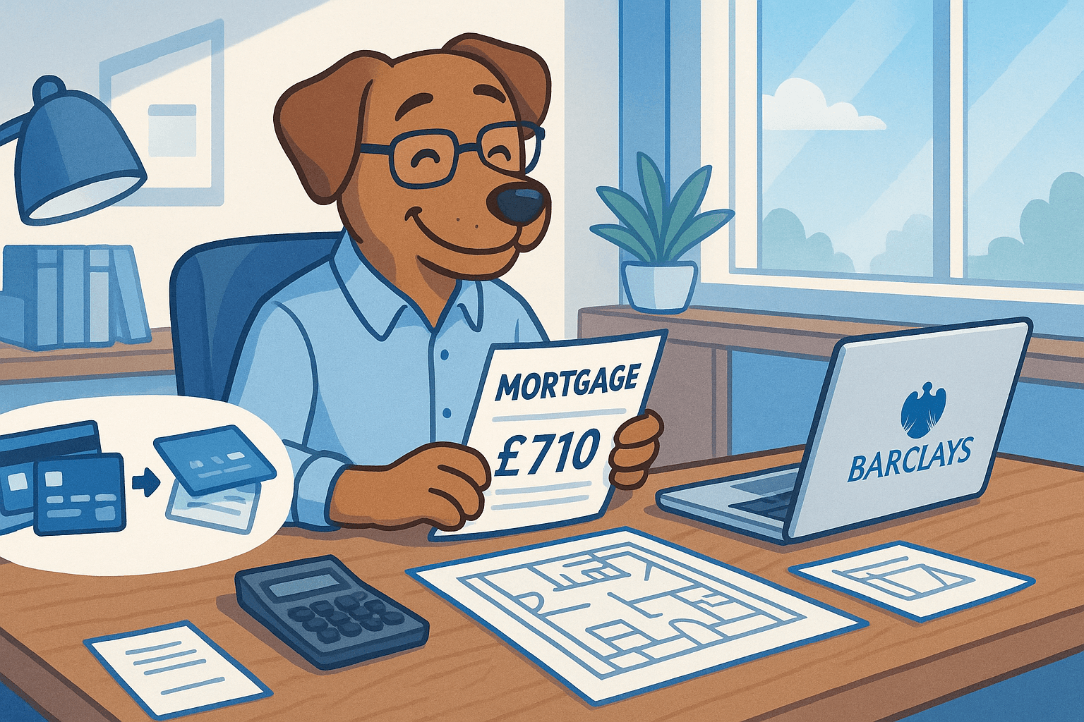 Cartoon of a professional dog character reviewing mortgage documents at a modern home office desk with Barclays laptop, showing debt consolidation from multiple credit cards into one affordable £710 monthly payment