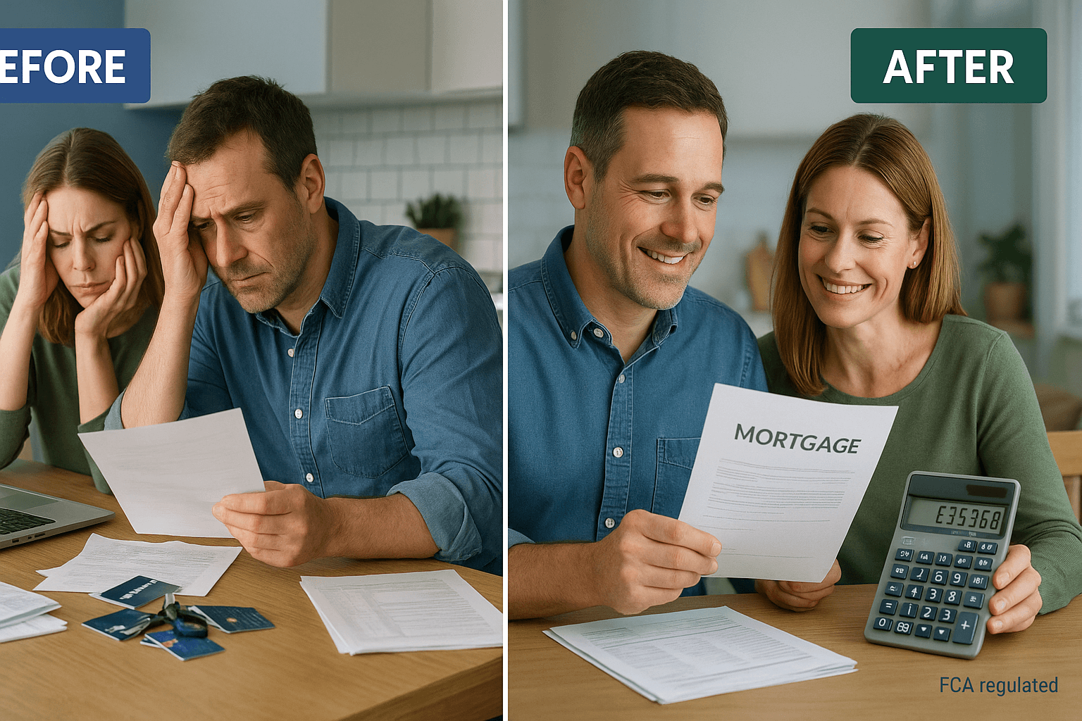 Professional couple at kitchen table showing before-and-after debt transformation. On the left, they look stressed with cluttered bills and credit cards; on the right, they smile with organized mortgage paperwork and calculator showing £359.68 monthly savings. FCA regulated