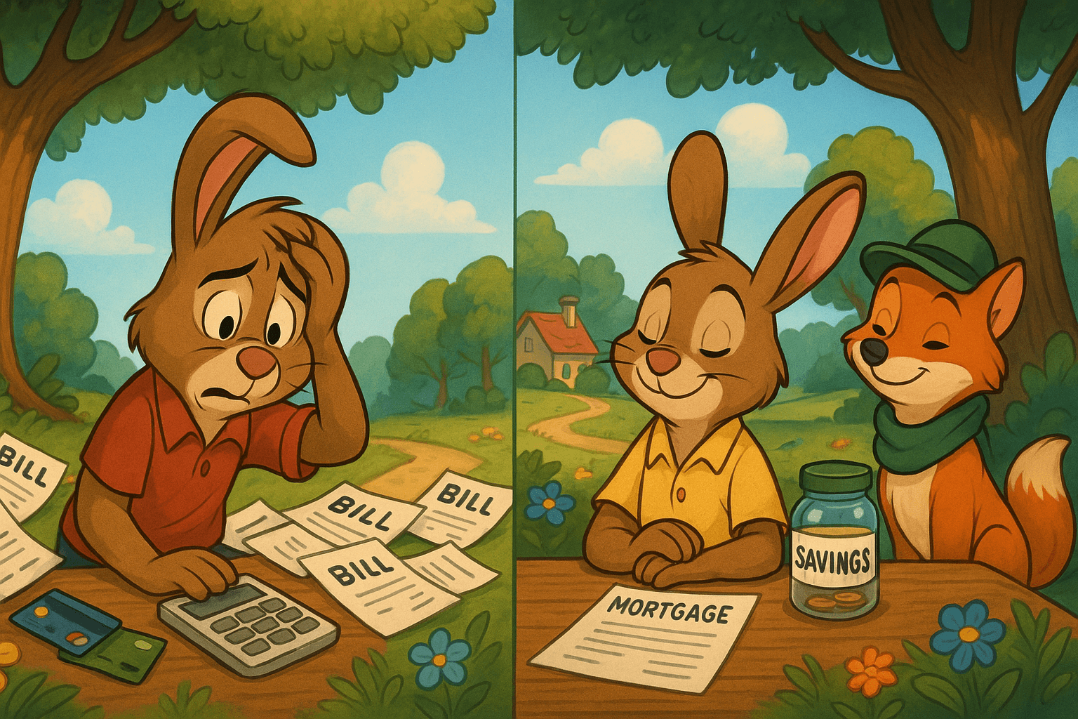 Cartoon-style split-screen showing debt consolidation transformation: on the left, a stressed rabbit surrounded by bills and calculator; on the right, the same rabbit relaxed with a mortgage document and a fox companion beside a savings jar, symbolising £1,526 monthly savings through debt consolidation mortgage