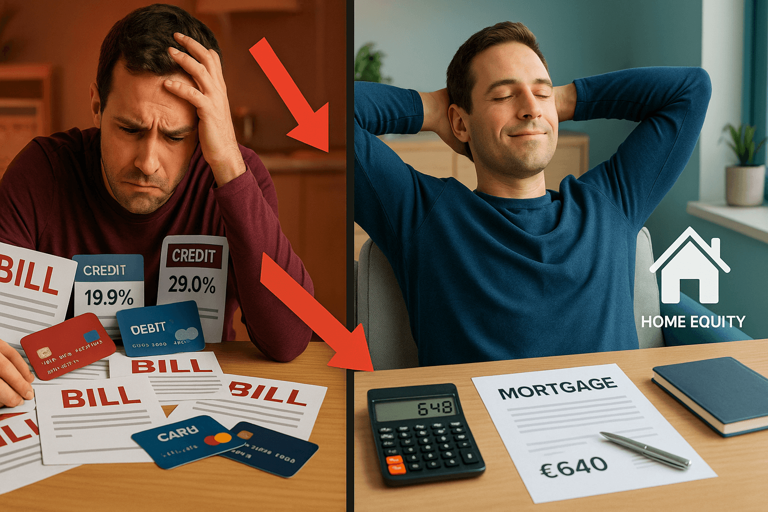 Split-screen image showing a stressed homeowner surrounded by high-interest bills and credit cards on the left, and the same person relaxed on the right after consolidating debt with a mortgage, saving £640 per month