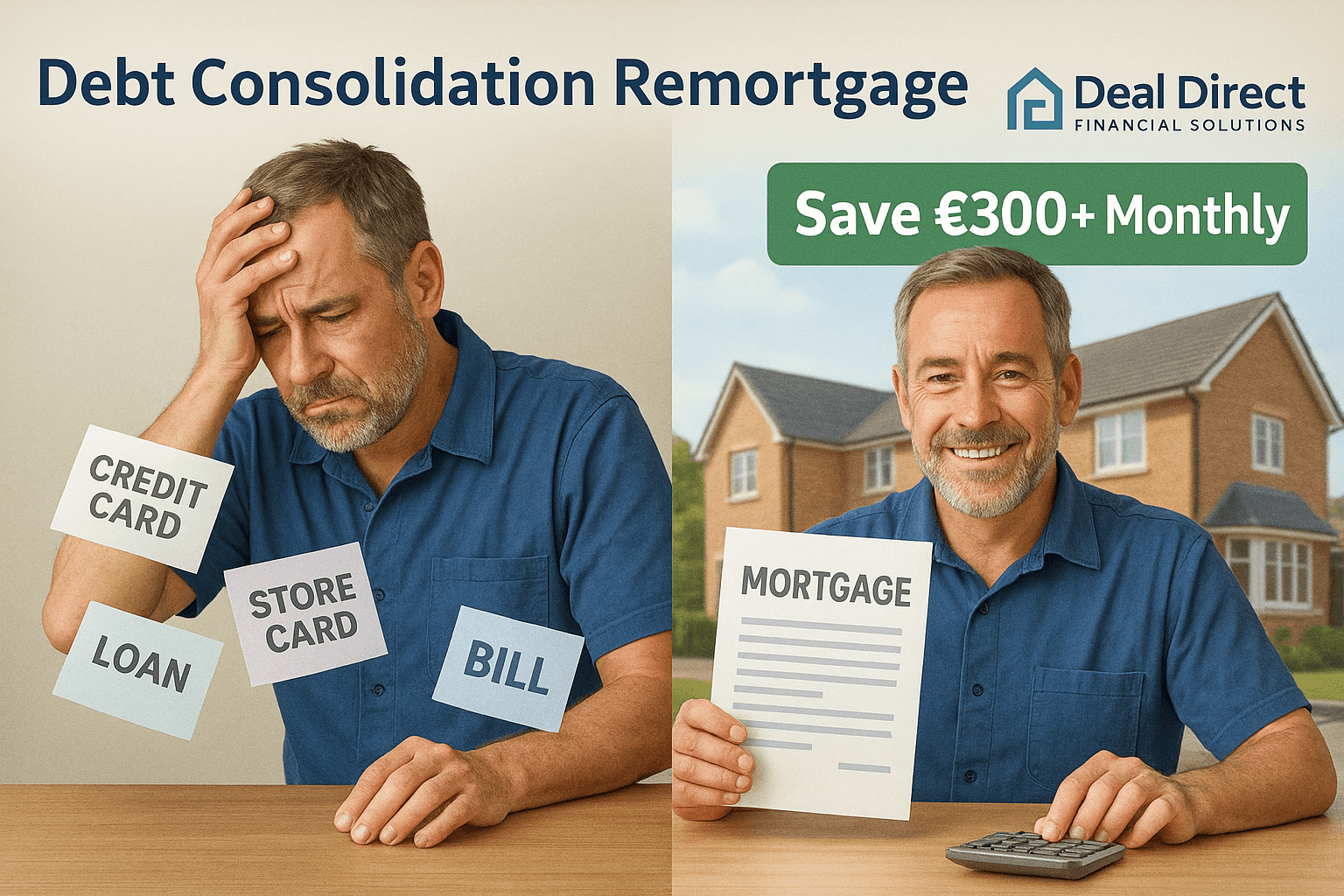 Before-and-after image of a UK homeowner showing financial stress from multiple debts versus relief after a debt consolidation remortgage with Deal Direct Financial Solutions, highlighting savings of £300+ per month.