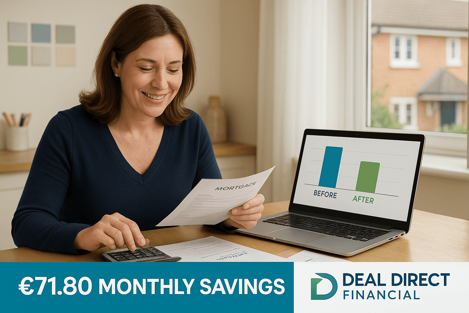 Professional woman reviewing mortgage documents at home with a laptop showing before-and-after savings chart, smiling with relief after securing £71.80 monthly savings through a debt consolidation remortgage with Deal Direct Financial.