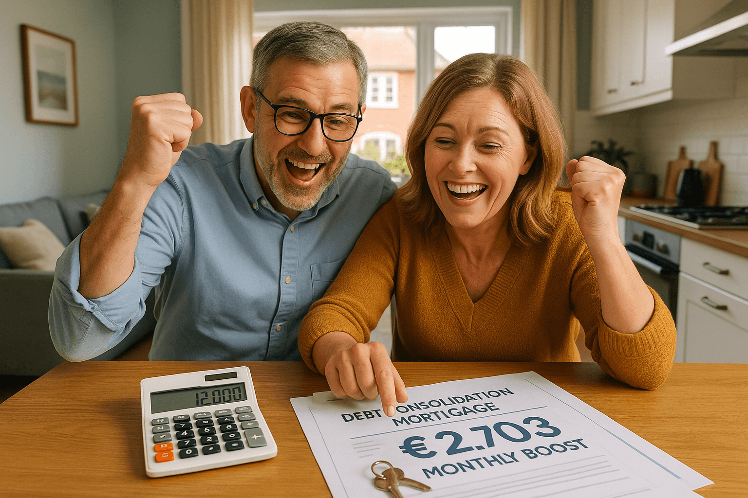 A happy middle-aged UK couple celebrating at home after a successful debt consolidation remortgage, holding documents and a calculator showing £12,000 savings and a £2,703 monthly boost.