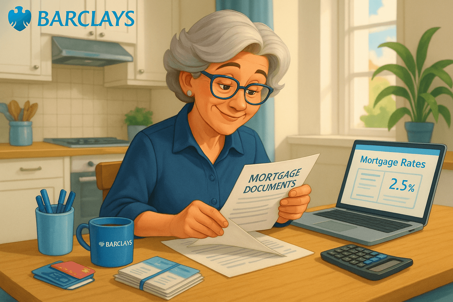 Cartoon-style illustration of a professional woman reviewing mortgage documents confidently with Barclays branding.