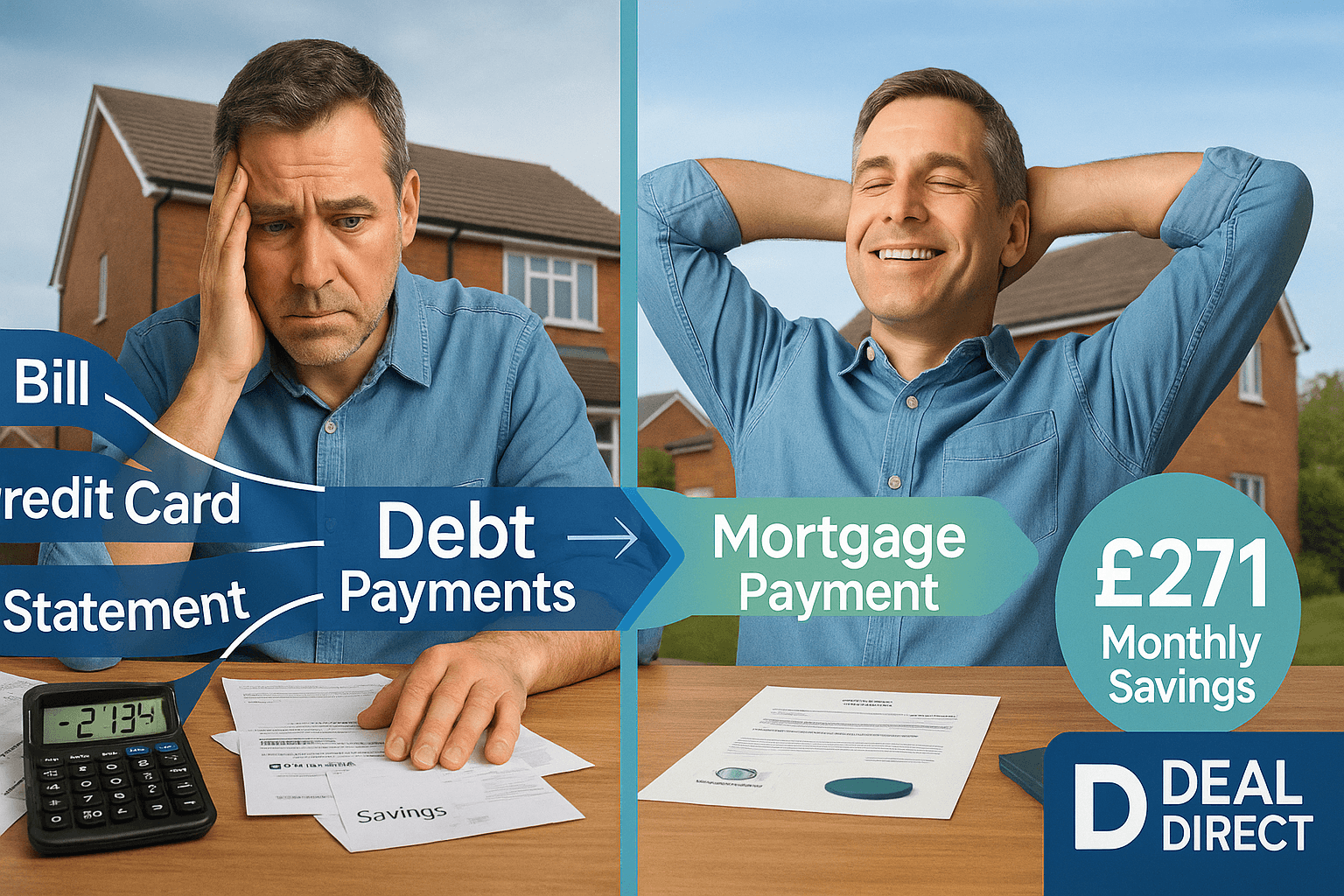 Split-screen showing a middle-aged UK homeowner before and after a debt consolidation remortgage — left side with bills and credit card debt stress, right side showing financial relief and £271 monthly savings through Deal Direct.