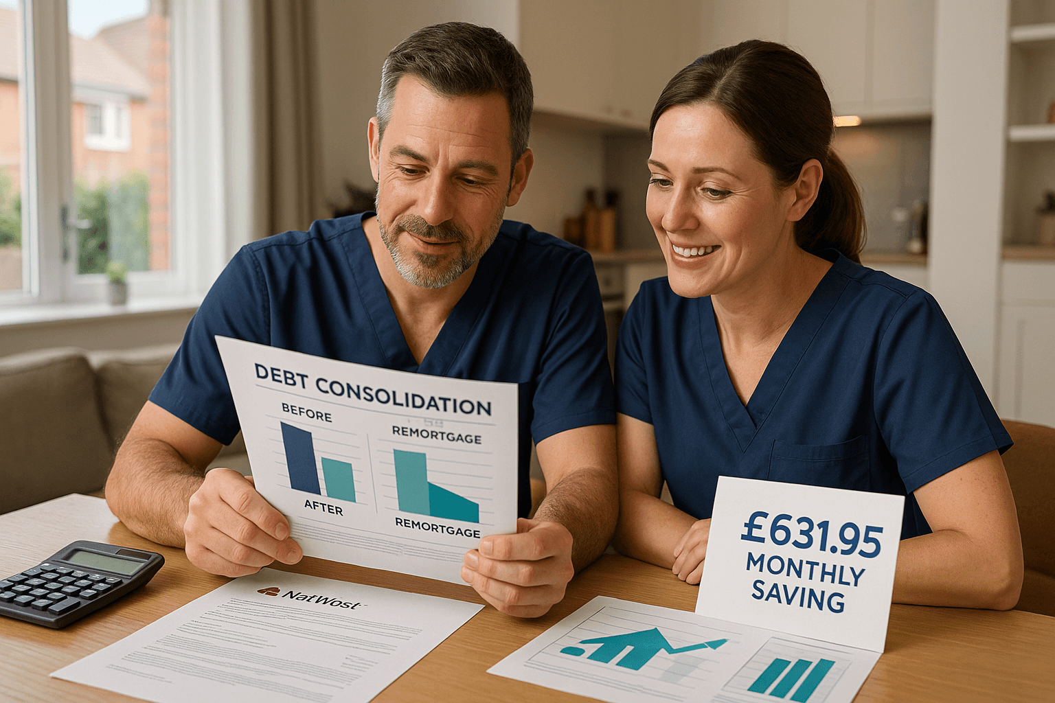 Split-screen image showing financial stress and relief through debt consolidation remortgage — left side with bills and £40,321 debt, right side with family relaxing after saving £378.85 monthly through mortgage refinancing.