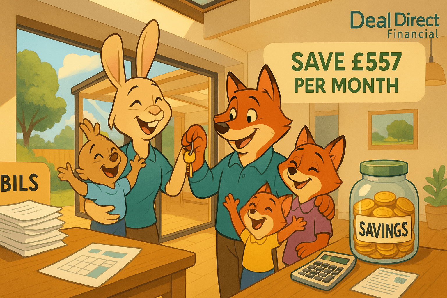 Disney-style cartoon illustration of a happy animal family celebrating in their bright home extension, showing bills replaced with savings jar and financial documents, highlighting £557 monthly savings with Deal Direct Financial