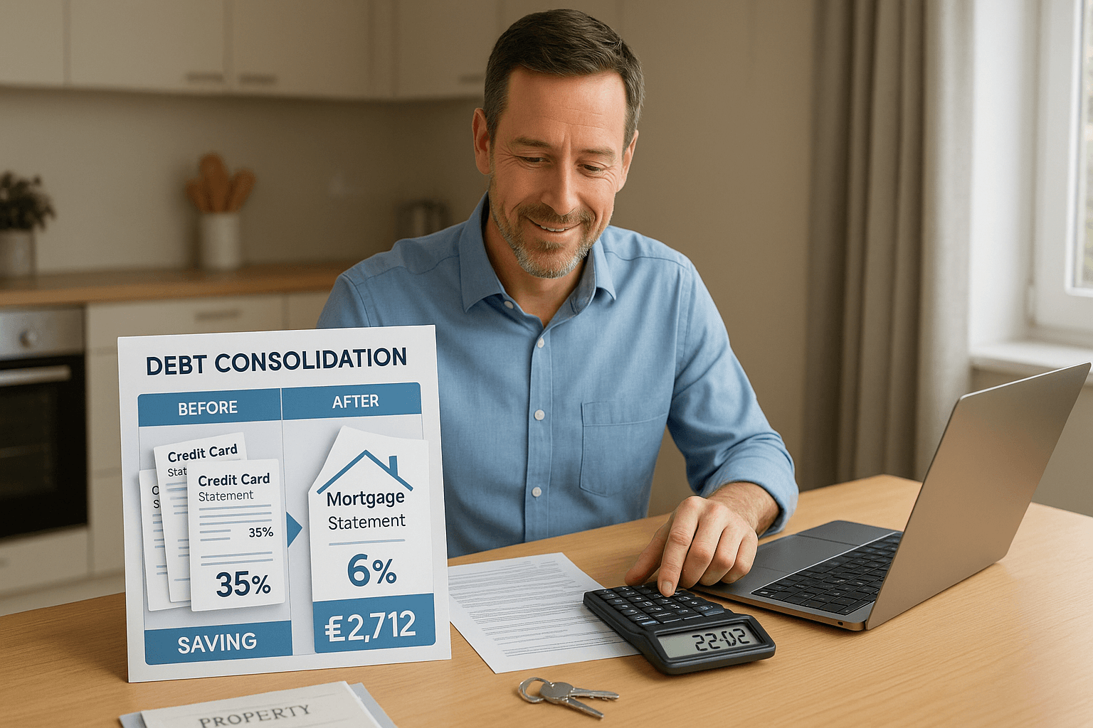 Middle-aged professional reviewing debt consolidation documents at home with calculator showing £2,712 savings and simplified mortgage statement
