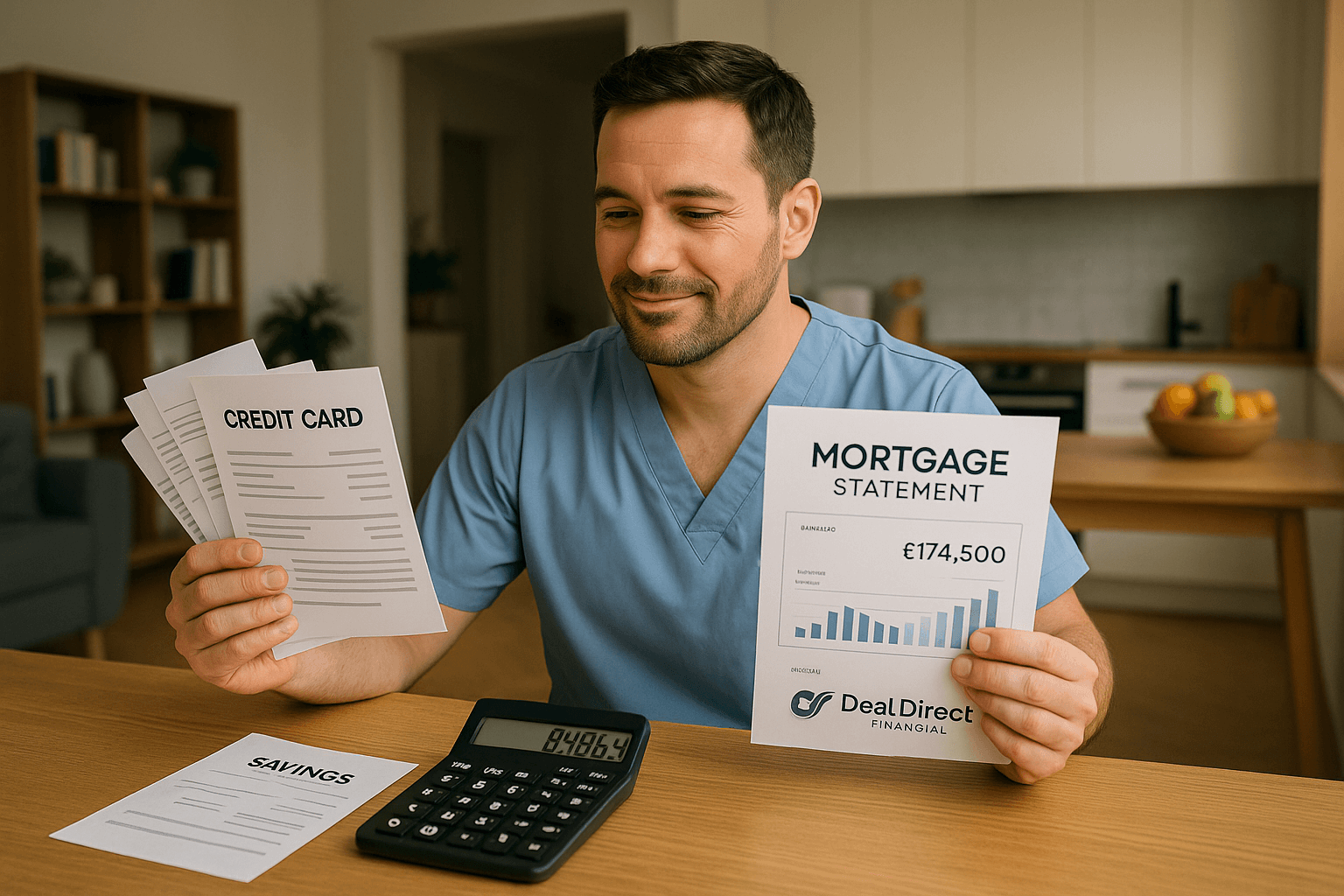 Mid-30s healthcare professional reviewing a simplified mortgage statement at home, showing £848.64 savings after consolidating debts with Deal Direct Financial.