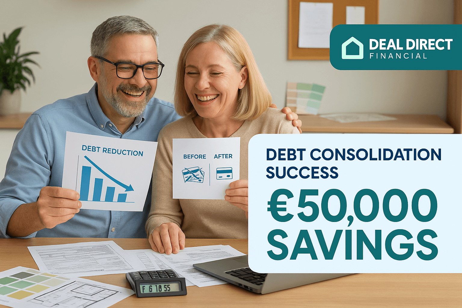 Smiling middle-aged couple reviewing financial documents at home, holding debt-reduction charts and showing £50,000 savings through debt consolidation with Deal Direct Financial.
