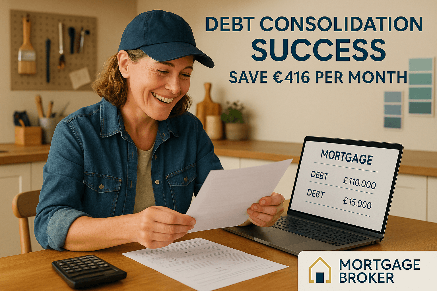 Middle-aged UK homeowner reviewing financial documents at a kitchen table, smiling with relief as they see monthly savings from a debt consolidation remortgage, with a laptop showing mortgage figures and home improvement tools in the background.
