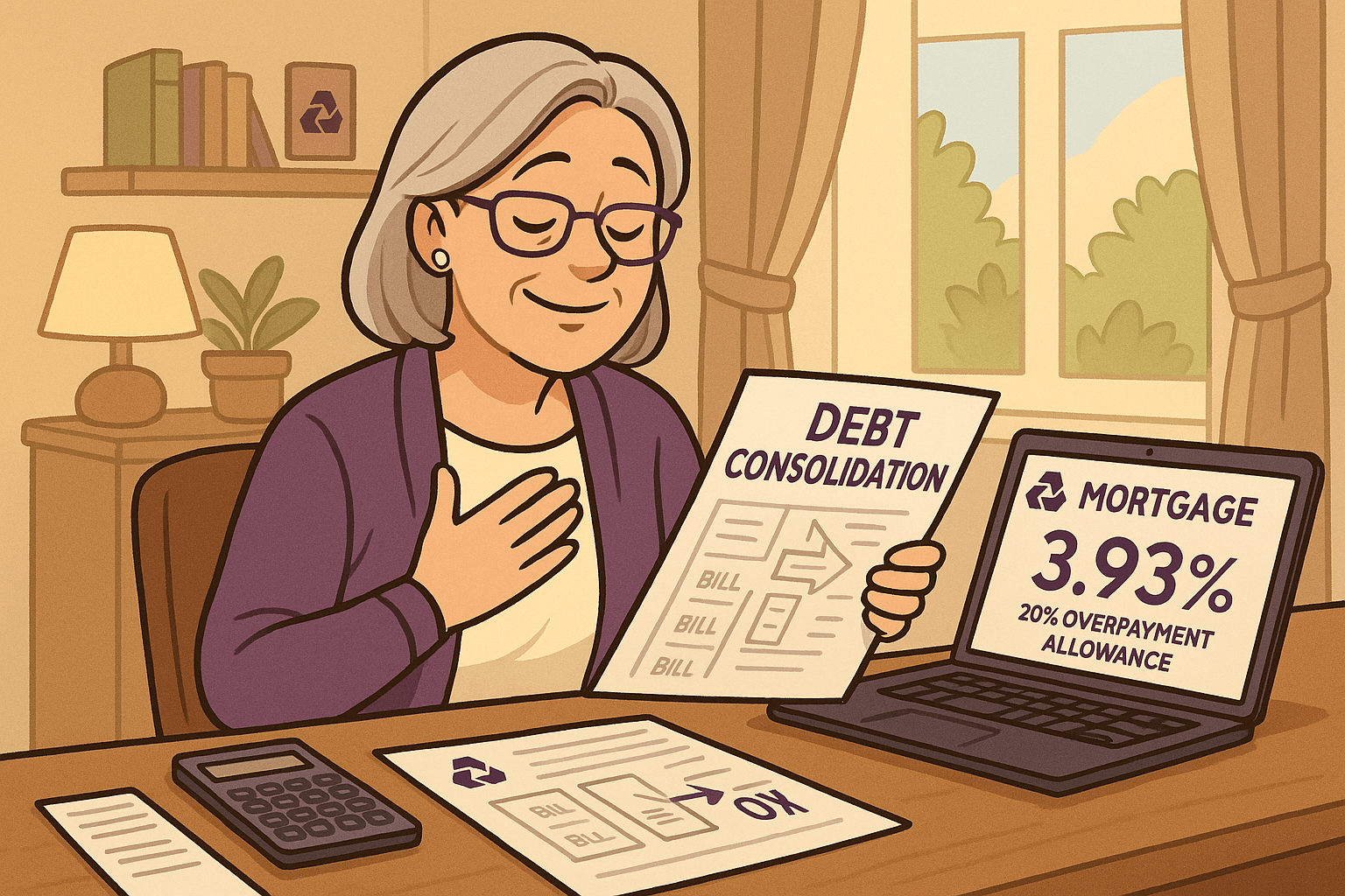 Cartoon illustration of a professional woman in her 50s smiling with relief while reviewing debt consolidation documents at her home office desk. A laptop displays NatWest mortgage details with a 3.93% fixed rate and 20% overpayment flexibility, symbolizing simplified finances and financial control.