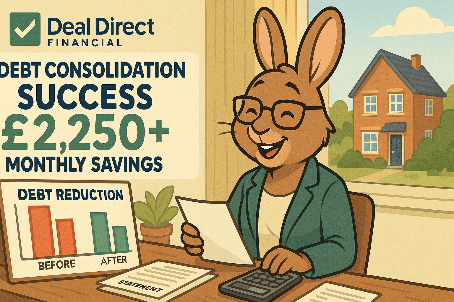 Cartoon rabbit in UK home office reviewing debt reduction papers with Deal Direct Financial branding and £2,250+ savings message