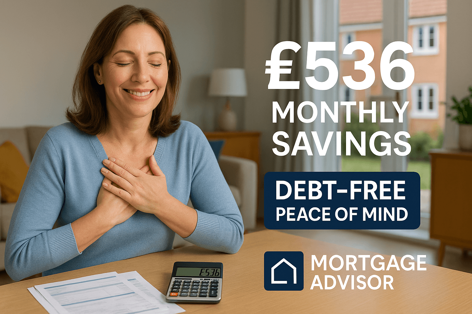Professional woman in her 40s smiling with relief at home after successful debt consolidation, calculator showing £536 monthly savings, representing financial stability and peace of mind
