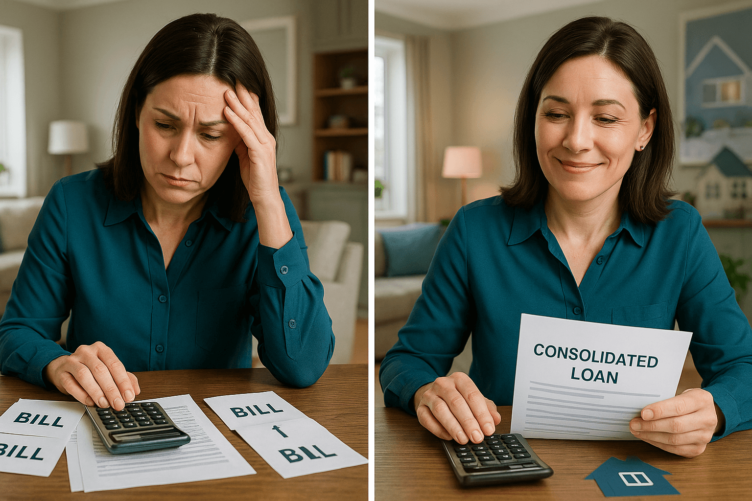 A professional woman in her 40s reviewing bills at home, looking stressed in the before image and relieved in the after image while holding a consolidated loan document.