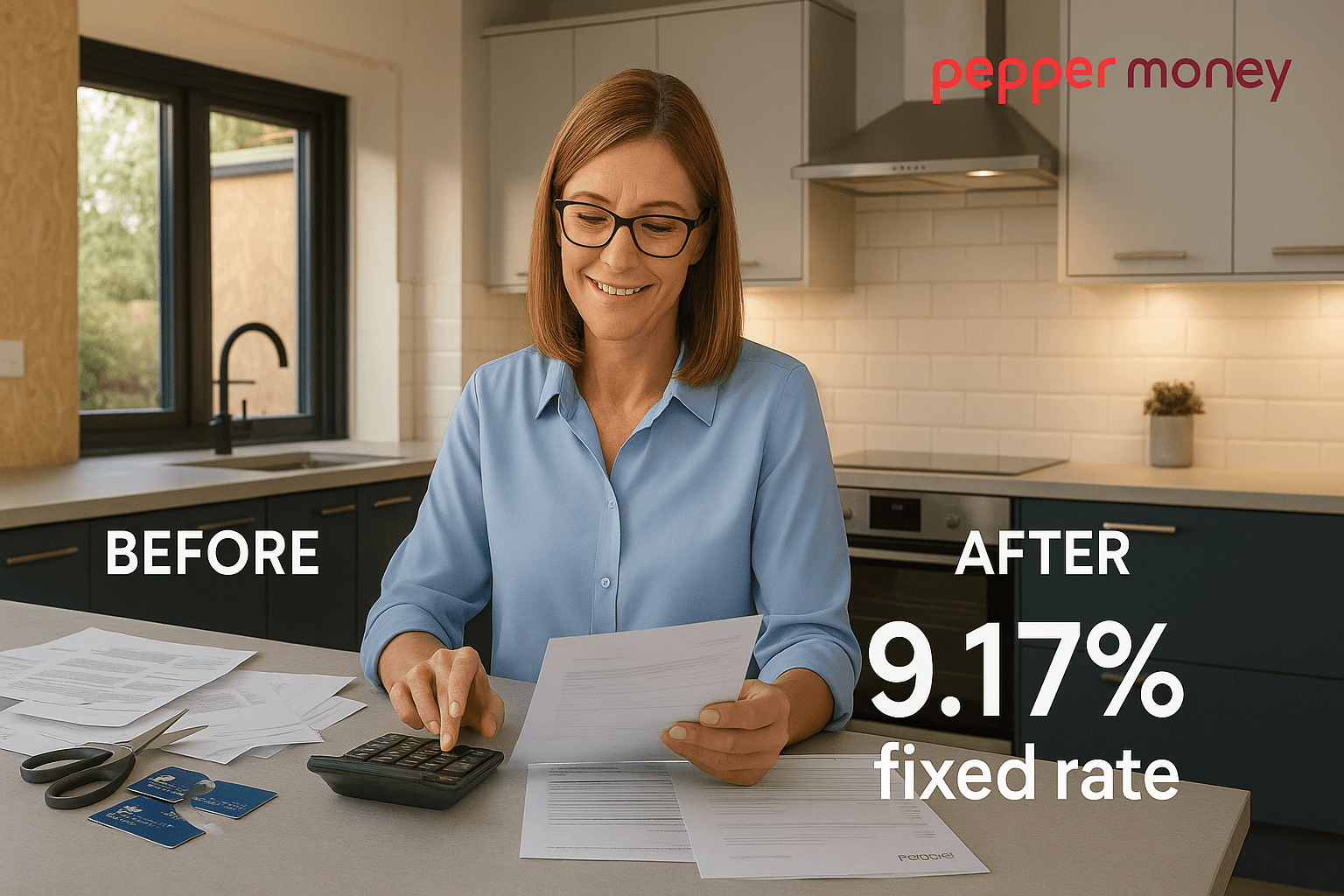 Professional contractor woman reviewing documents in modern kitchen, showing before and after debt consolidation success with Pepper Money.