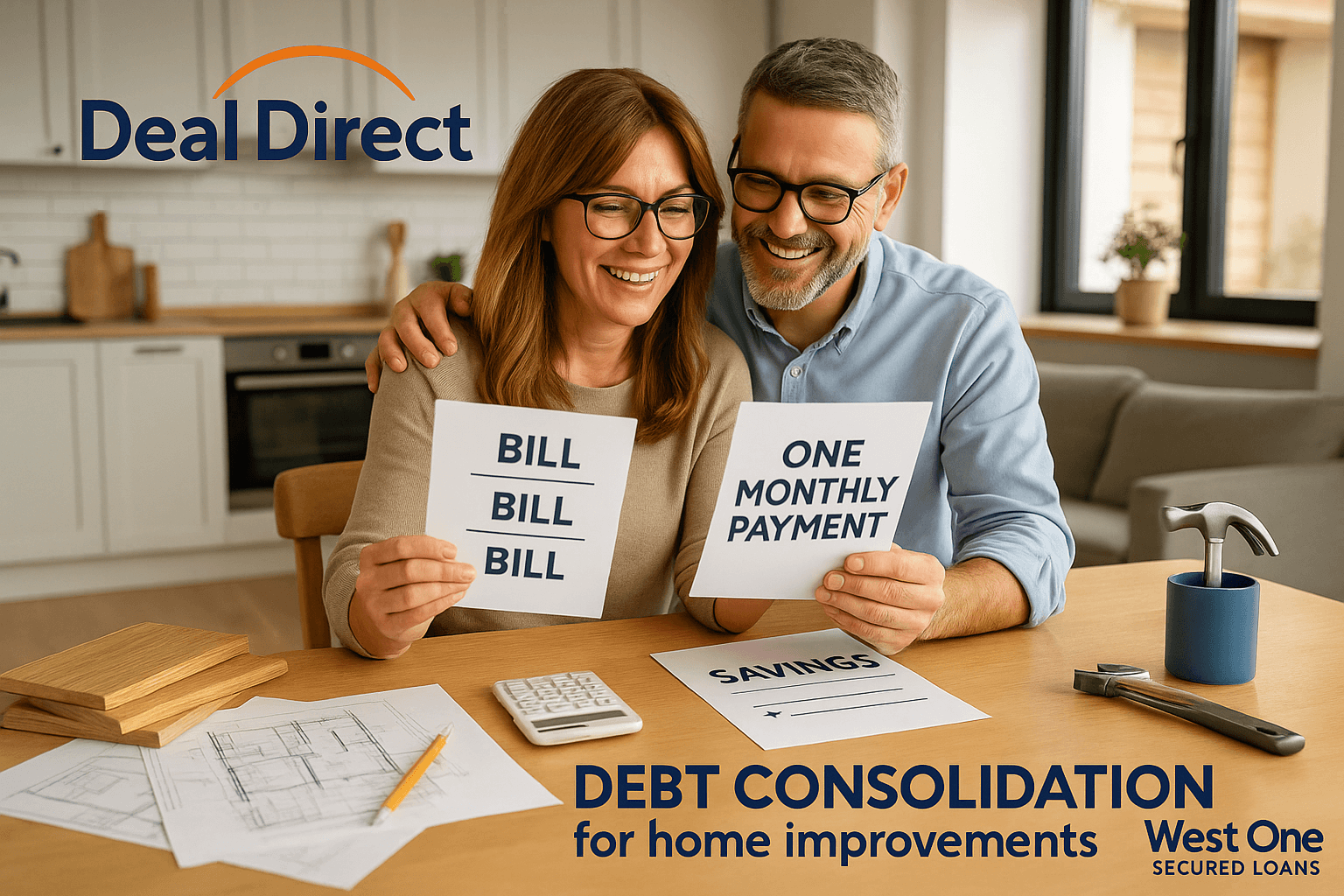 Smiling couple reviewing financial documents at home, showing relief after debt consolidation with Deal Direct and West One Secured Loans, alongside renovation plans and calculator