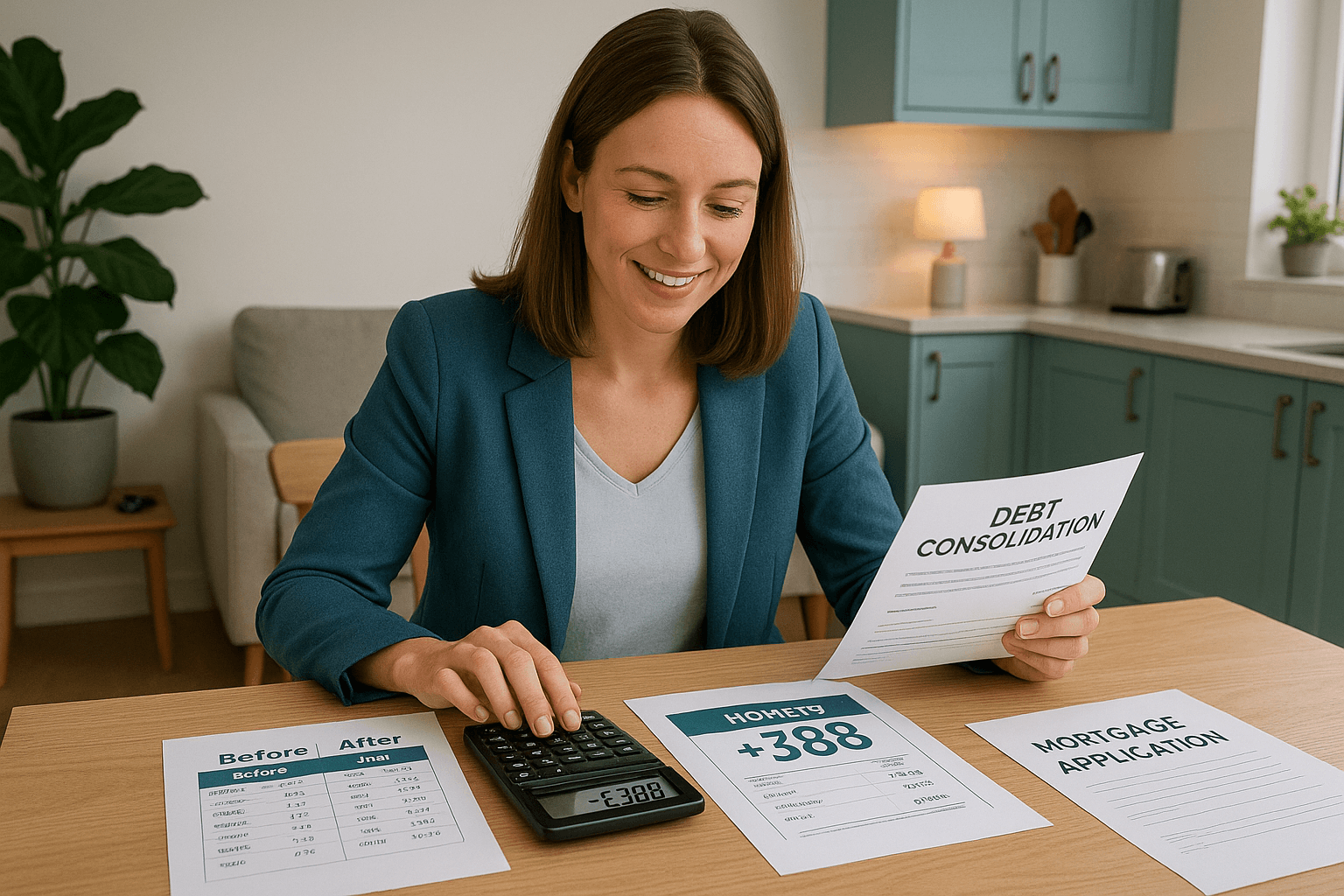 Professional woman reviewing debt consolidation paperwork at kitchen table with calculator showing £388 monthly savings