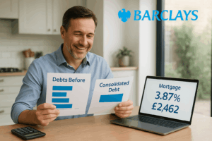 Middle-aged professional man smiling while reviewing debt consolidation documents at home, showing reduced monthly mortgage payment of £2,462 with Barclays