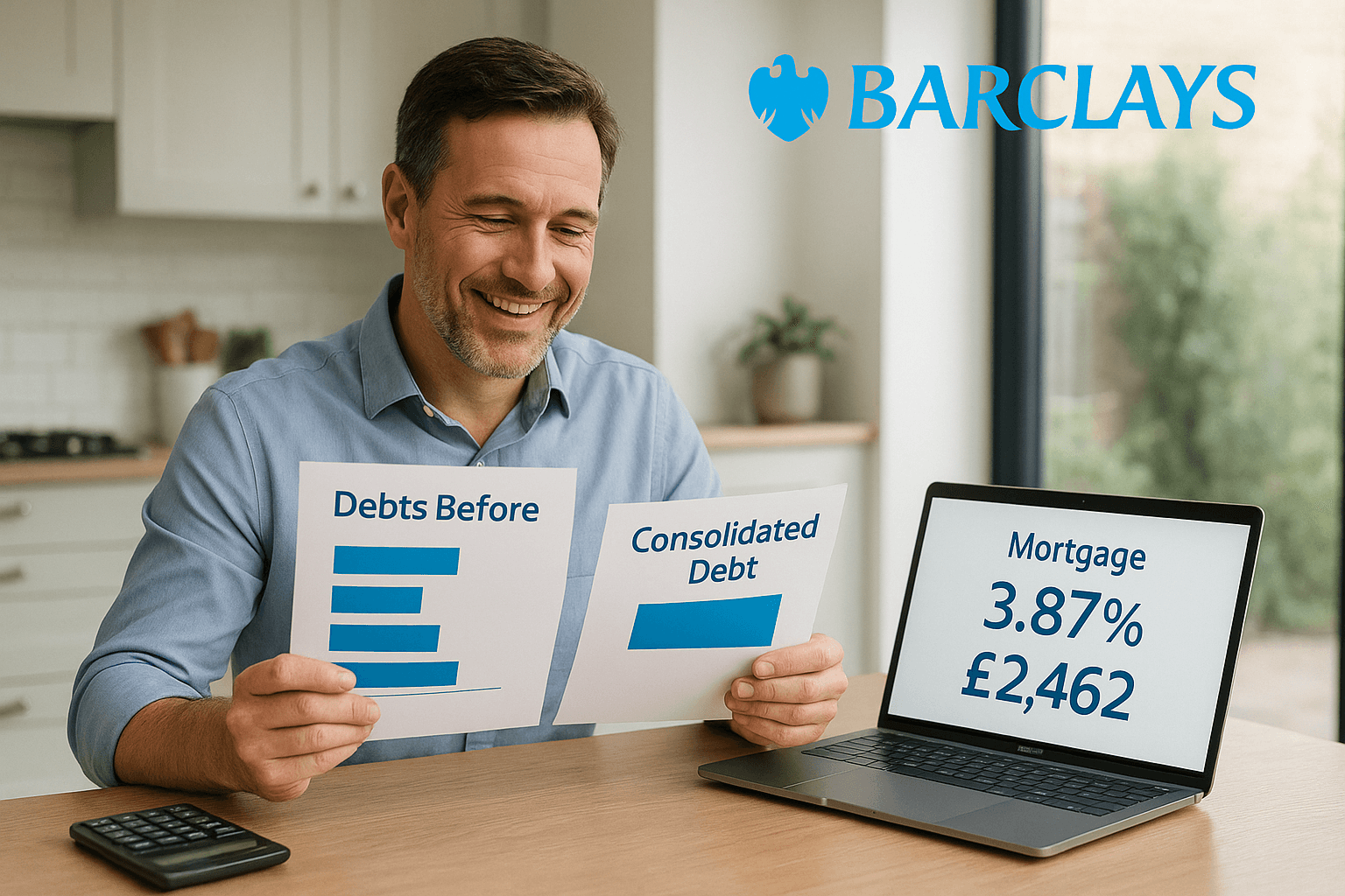 Middle-aged professional man smiling while reviewing debt consolidation documents at home, showing reduced monthly mortgage payment of £2,462 with Barclays