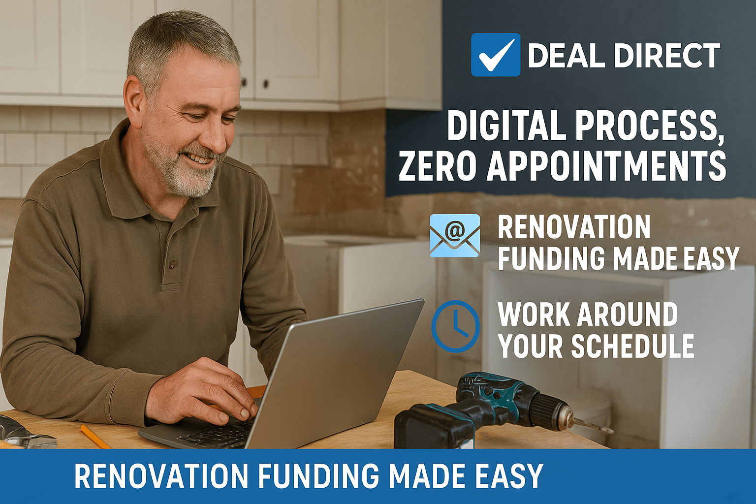 Middle-aged tradesman in work clothes using a laptop during a kitchen renovation, highlighting Deal Direct’s digital remortgage process with messaging “Digital Process, Zero Appointments” and “Renovation Funding Made Easy.”