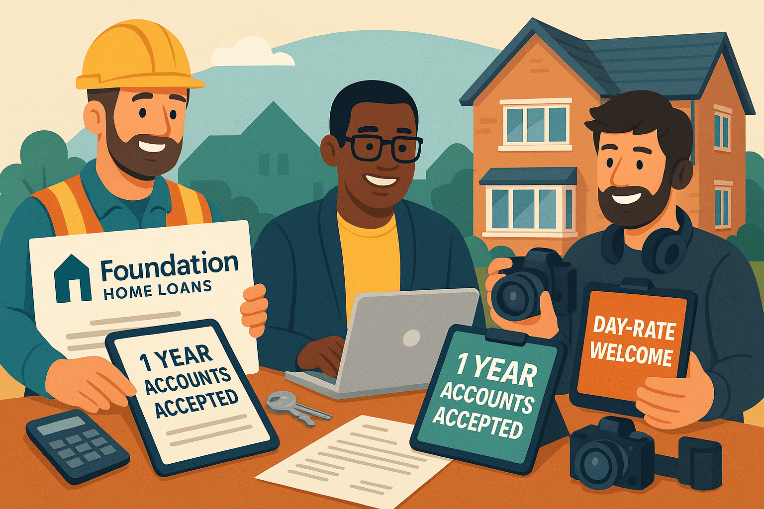 Cartoon illustration of diverse contractors and self-employed professionals reviewing mortgage documents with Foundation Home Loans branding, featuring “1 Year Accounts Accepted” and “Day-Rate Welcome” messaging in front of UK homes.