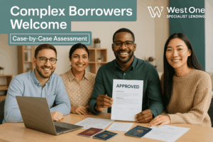 A diverse group of modern UK professionals, including self-employed and foreign nationals, celebrating mortgage approval in a welcoming consultation office with West One Specialist Lending branding and “Complex Borrowers Welcome” messaging.