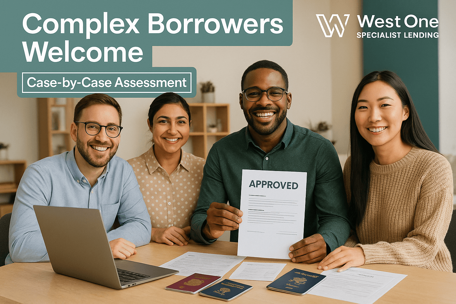 A diverse group of modern UK professionals, including self-employed and foreign nationals, celebrating mortgage approval in a welcoming consultation office with West One Specialist Lending branding and “Complex Borrowers Welcome” messaging.