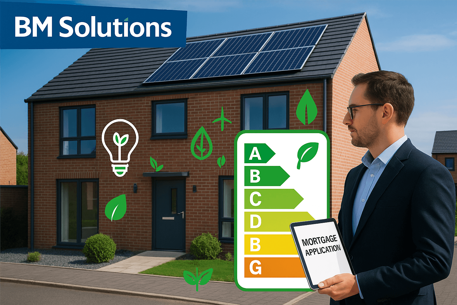 Modern UK rental property with solar panels and Band B EPC rating, featuring BM Solutions branding and a landlord reviewing a green mortgage application on a tablet.