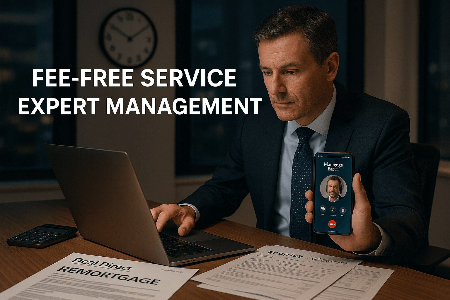 Busy professional working late in a modern office, managing complex remortgage paperwork with the support of an independent mortgage broker via phone and laptop, highlighting fee-free expert management and time-saving solutions.