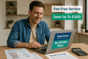 Happy homeowner comparing mortgage broker fees on laptop and choosing Deal Direct’s transparent no broker fee service to save money