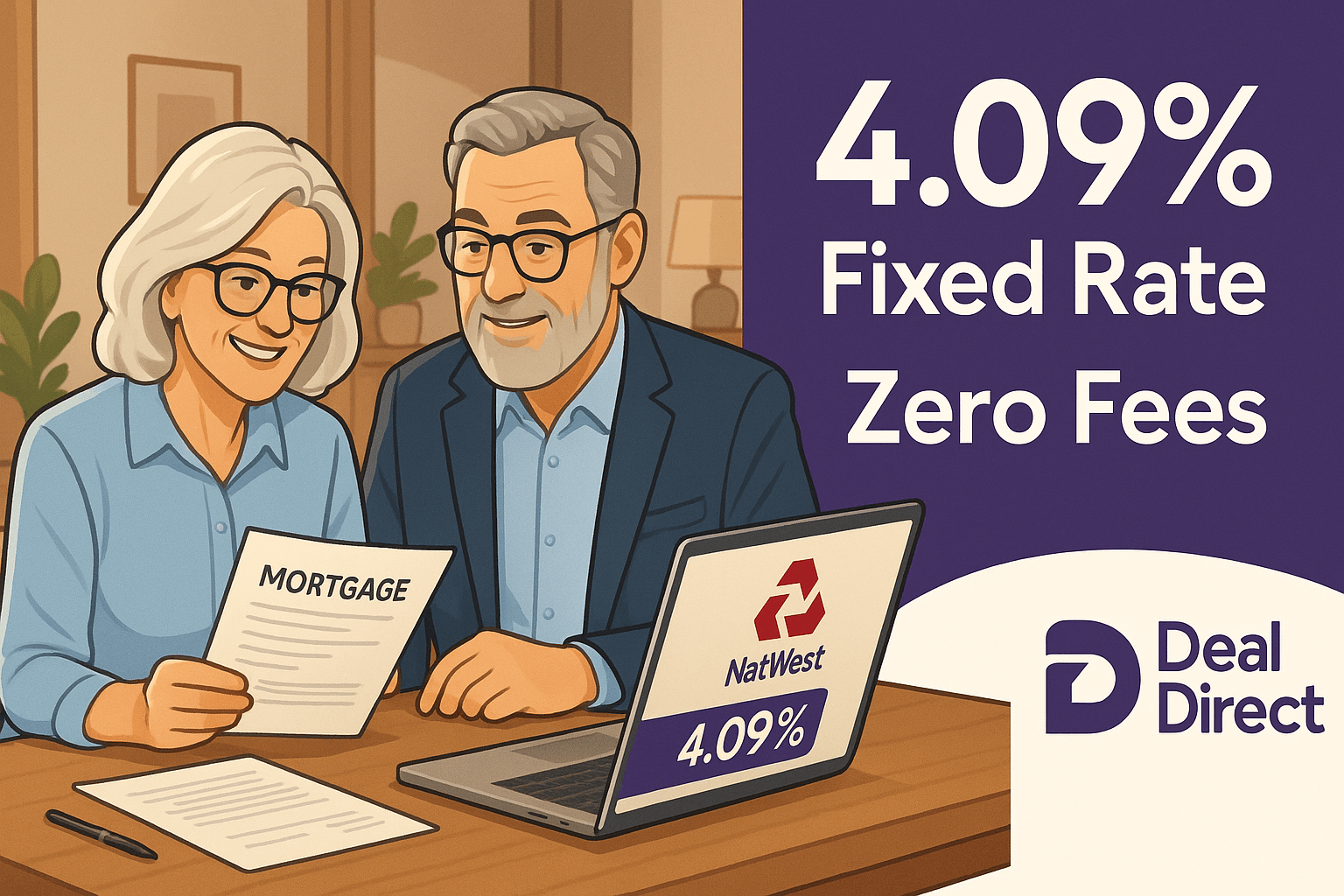 Smiling professional couple in their 60s reviewing mortgage documents at home with a laptop showing NatWest 4.09% fixed rate and Deal Direct branding, promoting zero-fee remortgage deals.