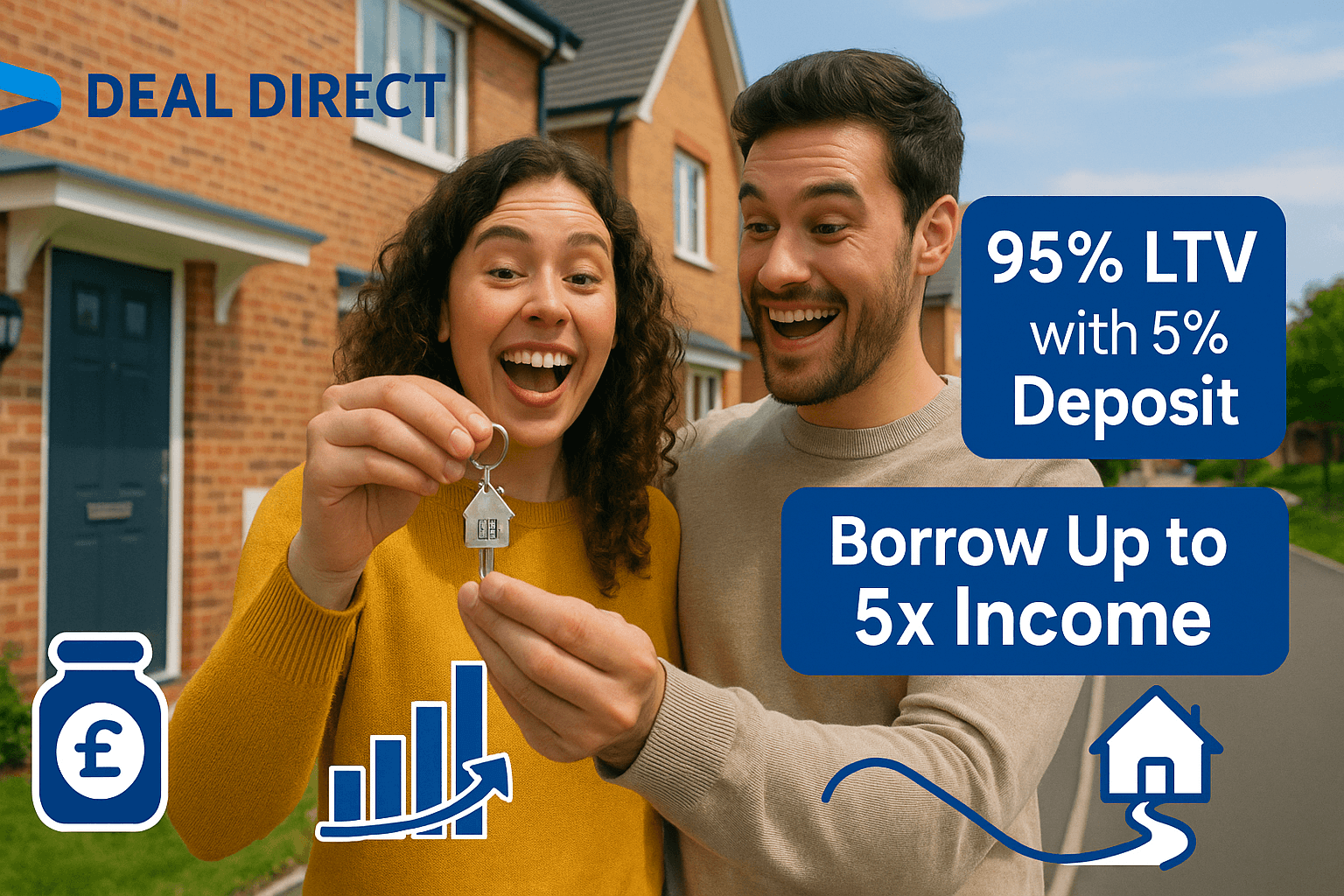 A smiling young couple outside their new UK starter home holding keys, with Deal Direct branding and text highlighting 95% LTV mortgages, 5% deposit, and borrowing up to 5x income.