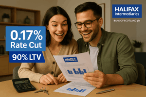 Smiling young couple reviewing Halifax Intermediaries mortgage documents showing a 0.17% rate cut for 90% LTV first-time buyer mortgages, with keys, calculator, and charts on the table