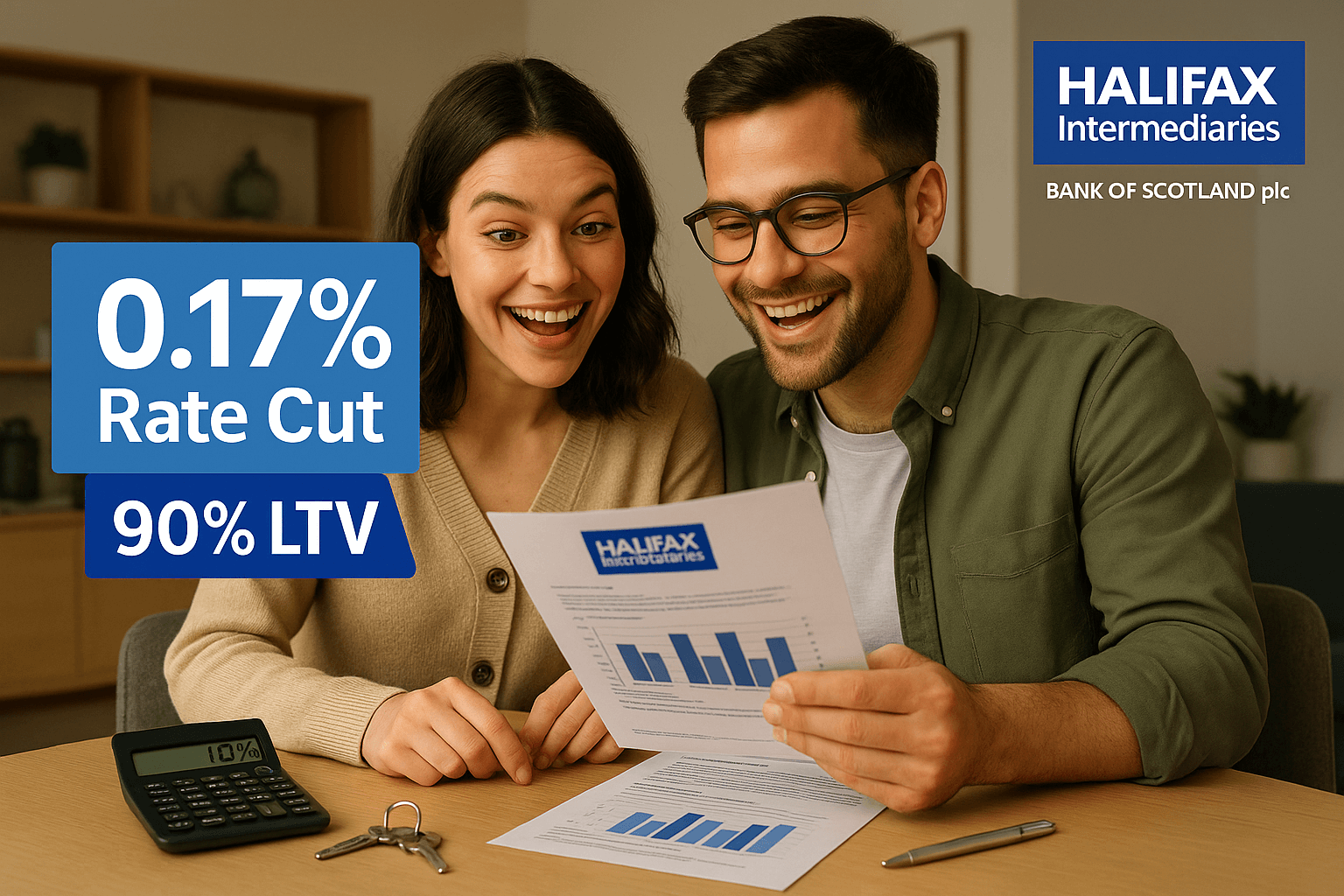Smiling young couple reviewing Halifax Intermediaries mortgage documents showing a 0.17% rate cut for 90% LTV first-time buyer mortgages, with keys, calculator, and charts on the table