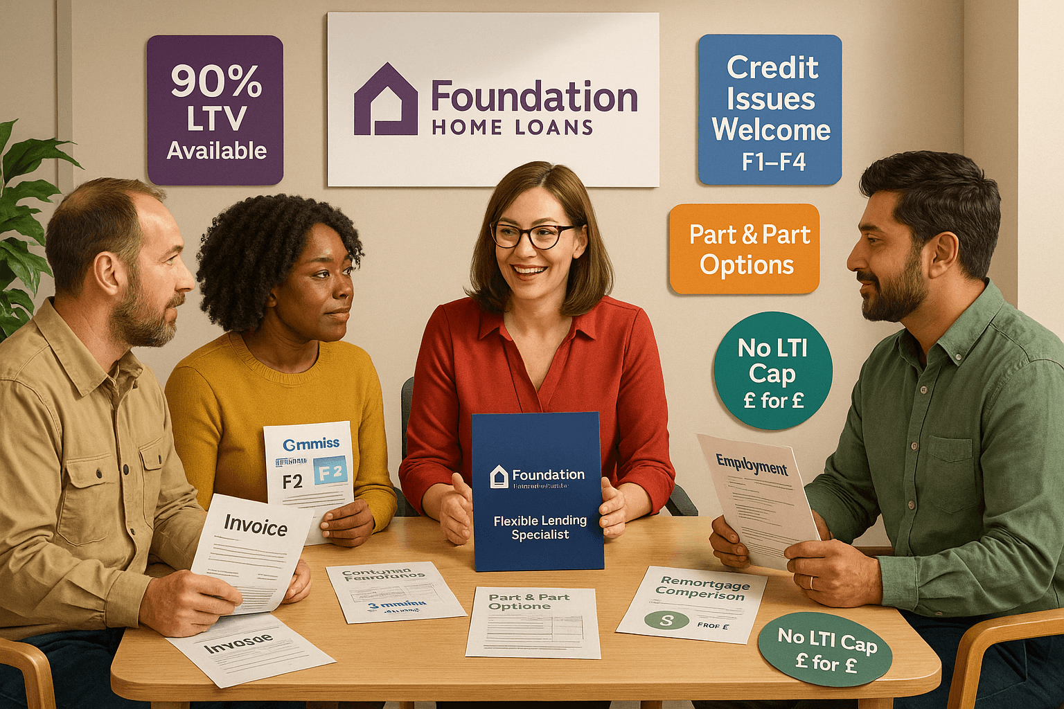 A diverse group of borrowers with complex circumstances consulting a Foundation Home Loans specialist about flexible remortgage options, featuring banners for 90% LTV, credit issues welcome F1-F4, part and part mortgages, and no LTI cap.
