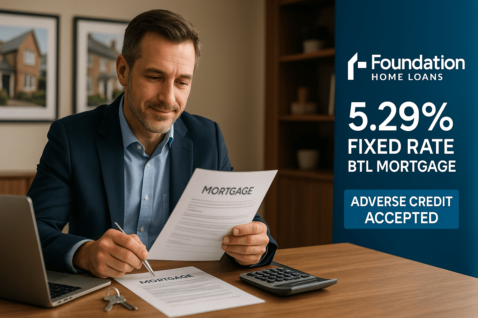 Professional property investor reviewing mortgage documents at desk with Foundation Home Loans branding, highlighting 5.29% fixed rate buy-to-let mortgage and adverse credit acceptance.