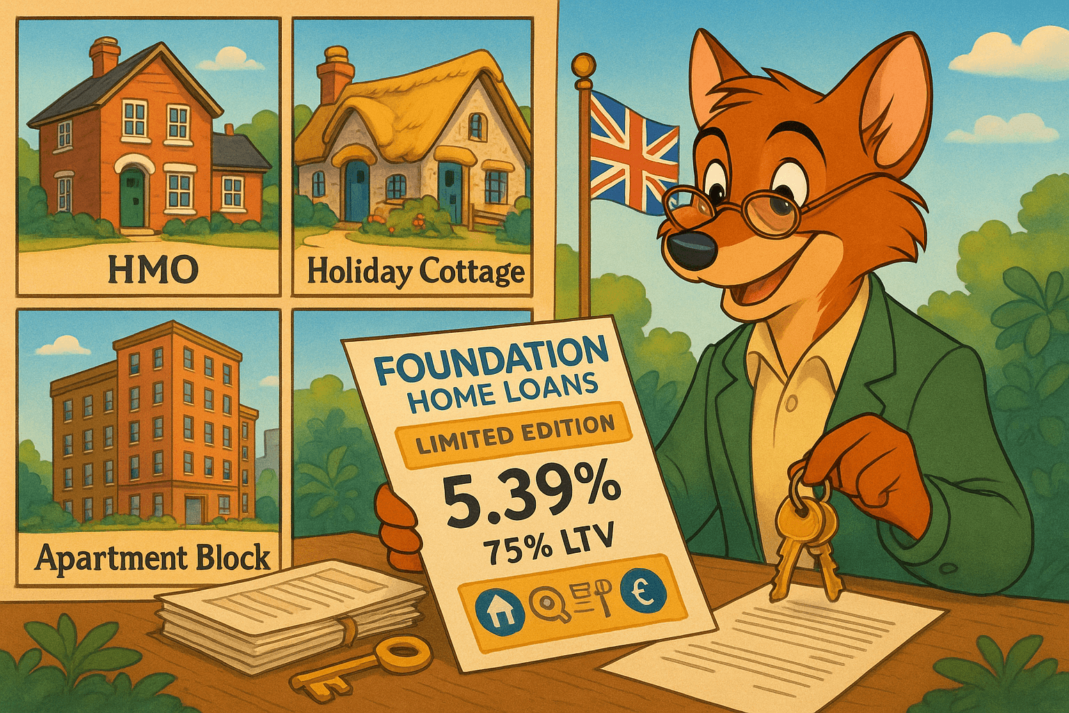 illustration of a fox reviewing property investment documents with HMO, holiday cottage, and apartment block imagery.